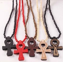 DHL Hip Hop Cross Ankh Pendant Necklace With Wooden Beads Chain Religionary Fashion Jewellery for Women Men Christmas Gift