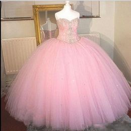 Vestidos Anos Pink Ball Gown Long Prom Sweetheart Sequined Tiered Tulle Sweet Quinceanera Dresses Custom