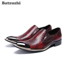 2019 Handmade Zapatos Hombre Mens Shoes Genuine Leather Business Dress Shoes Formal Metal Pointed Toe Wine Red Wedding Shoes, Big SizeUS12