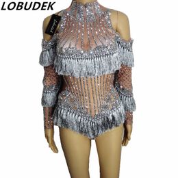 female Silver tassel crystals bodysuit stones costumes sexy jumpsuit wedding prom party costume Nightclub Bar singer DJ DS performance show