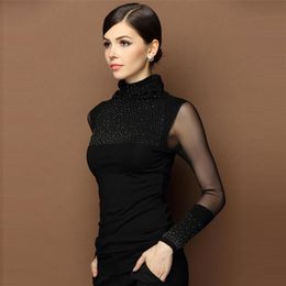 2017 Women's Tops Black Turtleneck Long Sleeve Blouse Mesh Slim Basic Tops Diamond Stud Sweater