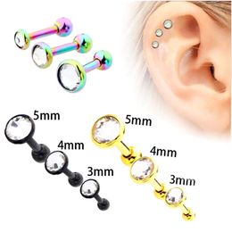 Unique Punk Crystal Ear Stud Silver Black Gold Barbell Earring Cartilage Helix Tragus Piercing Earrings Women Body Jewellery 3Pcs/Set