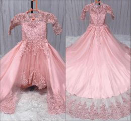 2019 Pink Detachable Train Girls Pageant Dresses Long Sleeve High Low Jewel Lace Applique Beaded Flower Girl Dresses Party Dress Toddlers