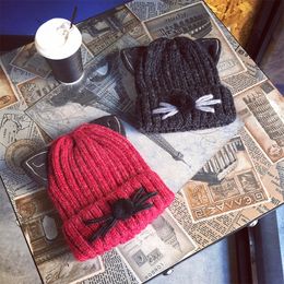 Warm Winter Embroidery Hat For Women Cat Ears Wool Knitted Beanies Hats with Pompom Ski Thick Skullies Caps