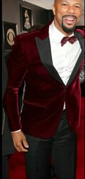 New Arrivals Dark red Velvet Groom Tuxedos Groomsmen Peak Lapel Best Man Blazer Mens Wedding Suits (Jacket+Pants+Tie) D:62