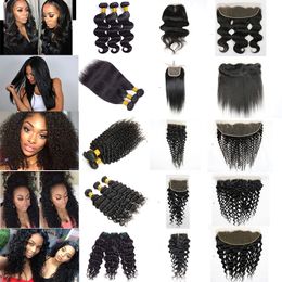 30 32 Inches Human Remy Hair Bundles With Lace Frontal Closure Straight Body Deep Water Loose Wave Jerry Kinky Curly Brazilian Virgin 3 4 Weave Weft Extension 10A Grade