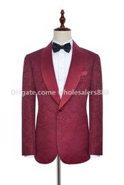 Custom Made Groomsmen Wine Pattern Groom Tuxedos Shawl Satin Lapel Men Suits Side Vent Wedding/Prom Best Man ( Jacket+Pants+Tie ) K979