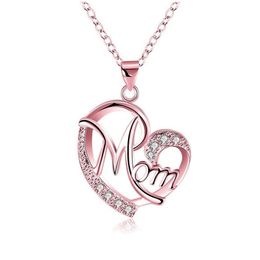 New Exquisite Love Heart Shaped Mom Pendant Necklace Crystal Diamond 925 Silver Rose Gold Clavicle Chain Women Choker Mother Day Gifts