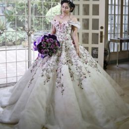 Glamorous Middle-East Wedding Dress Sexy Off Shoulder Floral Lace Appliques Bridal Dress Fabulous Tulle Covered Lace Ball Gown Wedding Dress