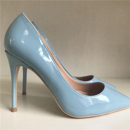 Free shipping real photo genuine leather Blue patent leather Point toe lady high heel shoes pump size 33-43 Ladies Heels 10cm party shoes