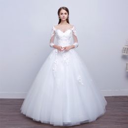 Custom Made Plus Size Wedding Dresses Ball Gown Off the Shoulder White,Ivory Bridal Gowns Sheer with Applique Three Quarter Sleeves