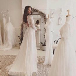 Charming Lace Chiffon Beach Wedding Gowns Long Sleeve Sweep Train Backless Country Bridal Gown Deep V Neck Custom Wedding Party Dress