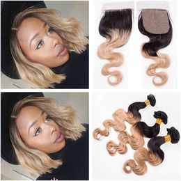 Body Wave #1B/27 Honey Blonde Ombre Silk Base Closure 4x4 with Weaves Light Brown Ombre Virgin Malaysian Human Hair Bundles Deals