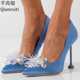 Pink Blue Silk Stiletto Heels Women Shoes Bling Crystal High Heels Bridal Wedding Shoes Sexy Pointed Toe Women Pumps