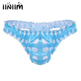 iiniim Sexy Mens Lingerie Panties Soft Satin Polka Dot Ruffled High Cut Low Rise Bikini Sissy Briefs Thong Underwear Underpants