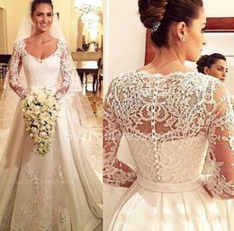 Vintage Long Sleeve Lace Arabic Satin Wedding Dresses Ball V-Neck Satin Plus Size Saudi Country Custom Vestido de novia Formal Bridal Gown