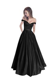 Fashion off The Shoulder Long Satin Prom Dresses With Pockets Beaded Sash A Line Floor Length Formal Evening Celebrity Gowns DH4182