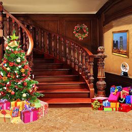 Indoor Stairs Merry Christmas Photo Background Printed Present Boxes Decorated Xmas Tree Kids Family Party Photography Backdrops