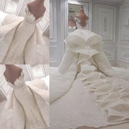 Luxury Ruffles Wedding Dresses 2018-2019 Lace Off The Shoulder Chapel Bridal Gowns With Detachable Train Custom Made Wedding Vestidos