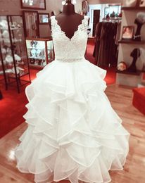 Fashion Ruffles V neck ball Gown Wedding Dresses Plus size Real Po Sheer Straps Lace Applique Crystal Ribbon Organza Backless B236l