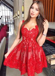 Red Lace Short Cocktail Party Dresses With Spaghetti Straps A line Applique Homecoming Evening Formal Dress Cheap