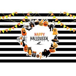 Black and White Striped Photography Backdrops Printed Flags Cat Pumpkin Lanterns Candy Kids Happy Halloween Party Background