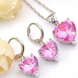 6 Sets/Lot Wedding Jewellery Pendants Earrings Sets Heart Pink Kunzite Gems 925 Silver Necklaces Cz Zircon Jewelty Sets For Women's