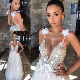 Spring Beach Wedding Dress Deep V Neck Beading Handmade Flowers Backless Dress Spaghetti Straps Sexy Back Boho Bridal Gowns