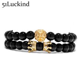 2 Pcs/Set Animal King Bracelet Black Natural Stone Crown Couple Braclet Sets For Men Hand Jewellery Accessories