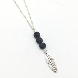 Black Lava Stone Bead Feather Leaves Necklace Aromatherapy Essential Oil Perfume Diffuser Necklace Jewellery for Women