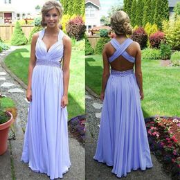 Lavender Prom Dresses 2019 Spring A-line Crisscross Straps Back Sweep Train Crystal Beads Chiffon Backless Formal Evening Dresses M8