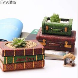 NOOLIM 2Pcs/set Resin Flowerpot Book Succulent Plant Pot Suitcase Flower Pot Home Garden Decor Bonsai Planter 1 Book+1 Suitcase