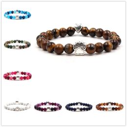 9 Colours 8mm Colourful Natural Stone Beads Bracelets Dog Cat Footprint Paw Charms Bracelet Love Heart Pet Lover Strench Jewellery