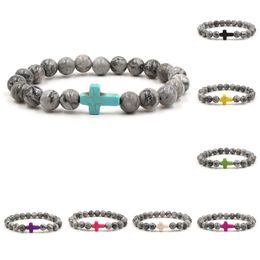 Cross Men Bracelet Natural Stone Jesus Cross Men Jewelry Women Luxury Jewelry Hand Work Gray Stone Bracelet beaded stretch bracelet