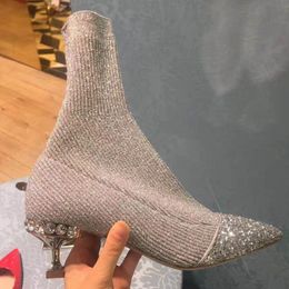 2018 fashion show women sock boots women thin heel point toe boots bling bling rhinestone booties ladies slip on party shoes