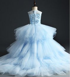 Elegant Long Trailing Blue Tulle Girls Pageant Dress Flower Girl Dress for Wedding Floral Girl Party Princess First Communion Gown318h