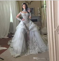 Mermaid High Neck Sheer Wedding Dresses Bling Long Sleeve Detachable Skirt Train 2019 Corset Bridal Wedding Gowns USA