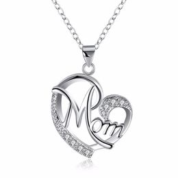 Cute Mom Letter Necklace Cubic Zirconia Love Heart Pendant & Necklace Silver Color Jewelry For MUM Mama Mother's Day Gift