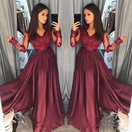 Burgundy Lace Top A-Line Evening Dresses Illusion V Neck Long Sleeves Formal Prom Party Dress Evening Gowns