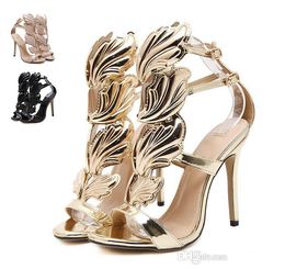 Сандалии на высоком каблуке с крыльями из металлического листа пламени Золотые телесные черные туфли для вечеринок Размер 35–40