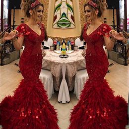 Amazing Dark Red Feather Prom Dresses 2019 Deep v Neck Cap Sleeve Beaded Mermaid Evening Gowns Custom Made Saudi Arabia Women Formal Wear