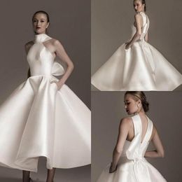 White Prom Dresses With Pocket High Neck Satin Organza Satin Tea Length Ruffle Homecoming Dress Party Wear Girls Cocktail Gowns