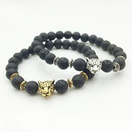 Natural Black Lava Stone Beads Leopard Head Bracelet Volcanic Rock Essential Oil Diffuser Bracelet for women men