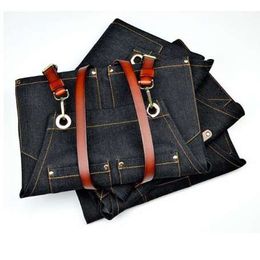 Unisex Denim Bib Apron Leather Strap Barista Baker Working Uniform for Bartender BBQ Chef Cook Household Cleaning Tools Supplies317s