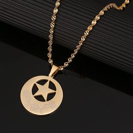 Stainless Steel Round Star Pendant Necklaces with Flower Engraved Jewelry