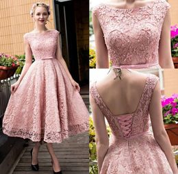 Blush Pink Lace A-Line Prom Dresses with Pearls Custom Made Tea Length Short Prom Party Gowns Cheap Bridesmaid Dress Plus Size