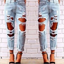 Sexy Boyfriend Jeans Women Light Blue Big Hole Denim Pants for Womens Solid Novelty Skinny Full Length Ripped Trousers Plus Size S-2XL