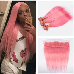 Brazilian Hair Bundles with Frontal Closure Straight Pink Human Hair Weave Bundles with Lace Frontal 13X4 Free Part Light Pink Hair Extensio