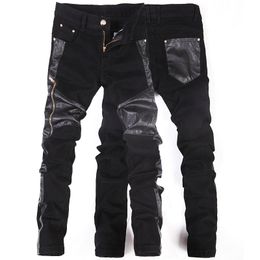 -Korean New fashion cool Punk pants men with leather zippers Black Skinny tight Plus size 32 33 34 36 Rock trousers