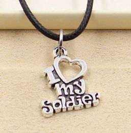 free ship 20pcs/lot Tibetan Silver letter I Love My Soldier Necklace Choker Charms Black Leather Necklace DIY